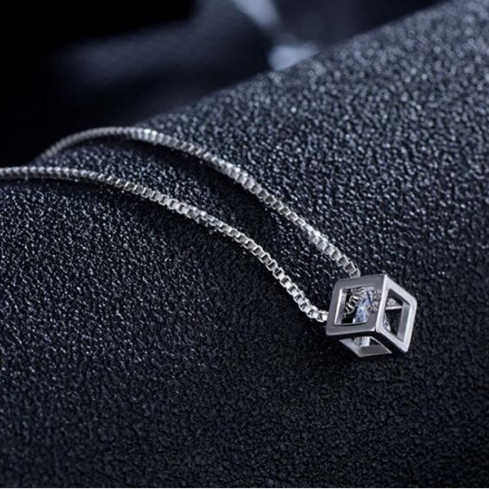 NEW 925 Sterling Silver Diamond Cube Necklace - Picture 5 of 8